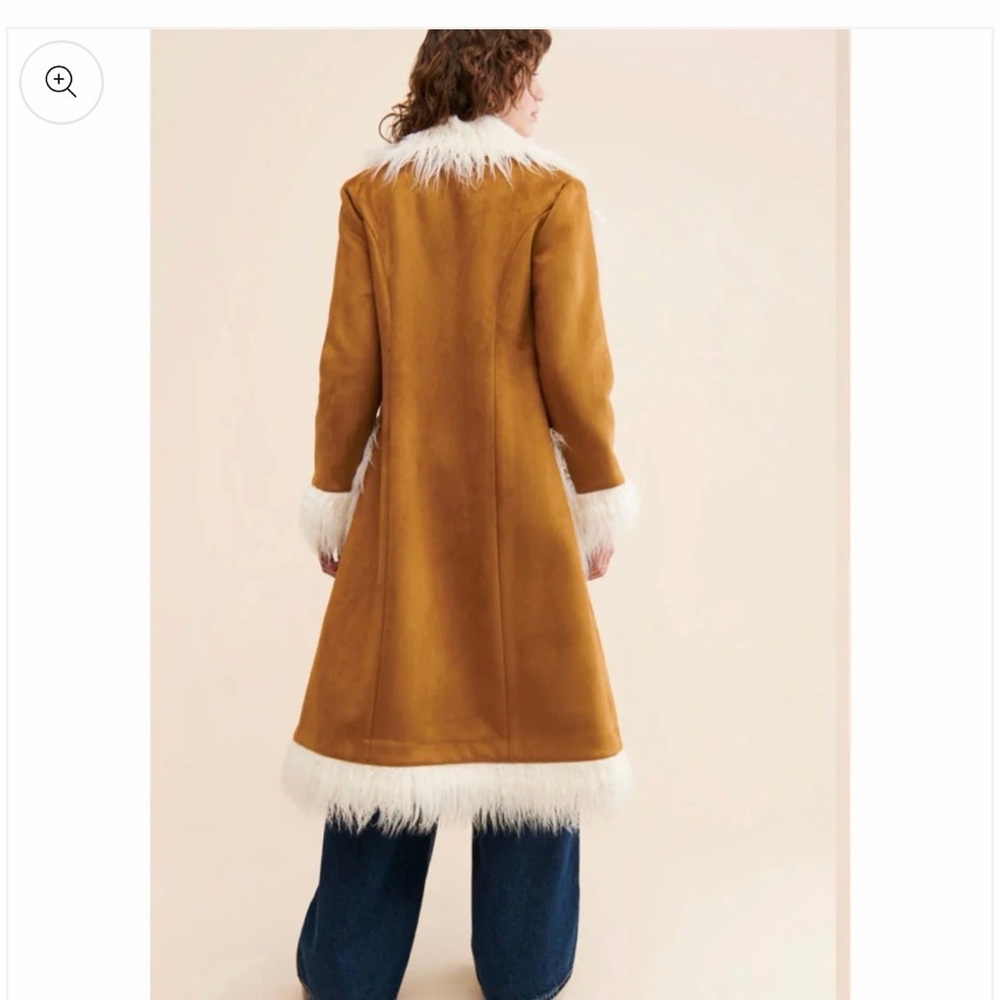 Brown Boho Casual Women's Contrast Shaggy Faux Fur Mid-Length Jacket - Picture 2 of 3
